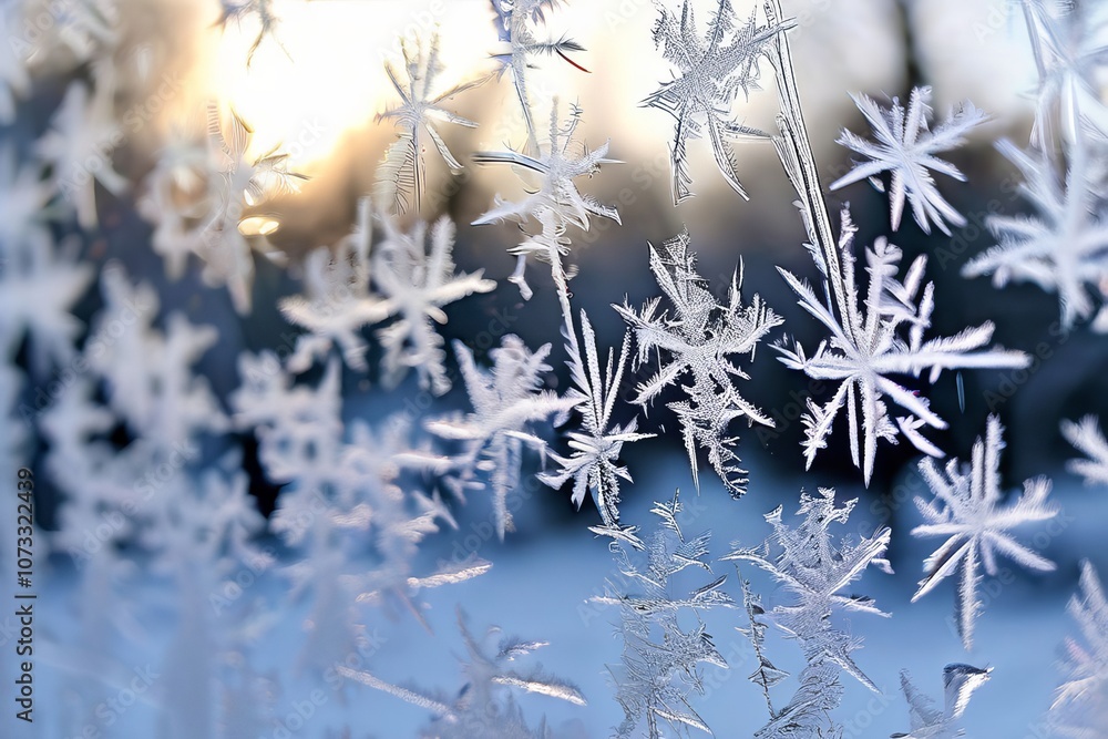 Poster frosty windows a frosty windowpane with a few snowflakes and a f