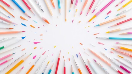 vibrant school supplies form intricate double border, suspended in white void pencils, protractors, and paintbrushes dance in organized chaos negative space beckons creativity, embodying infinite