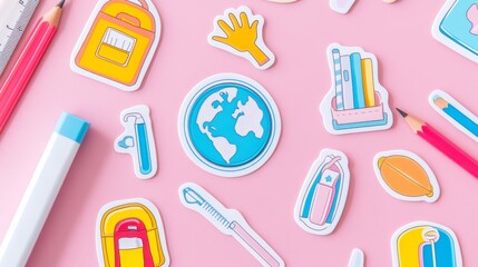 whimsical school-themed badges explode across muted backdrop cartoon globe high-fives grinning backpack, rulers form playful patterns each sticker a vibrant microcosm of scholastic life, inviting