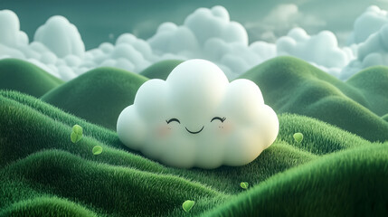 A cheerful, smiling cloud with rosy cheeks sits on a field of soft green hills, surrounded by sprouting leaves, creating a dreamy and peaceful scene.