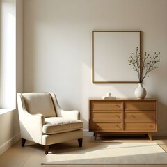 A minimalist living room with a beige armchair, a wooden dresser with drawers, and a framed artwork on the wall.