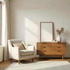 A minimalist living room with a beige armchair, a wooden dresser with drawers, and a framed artwork on the wall.