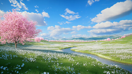 Fototapeta premium 3D pastoral green hills with grass and flowers pink cherry blossoms near river lake under blue sky with white clouds background. dreamy beautiful cartoon spring wallpaper