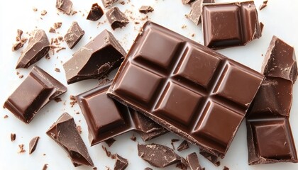 Indulgent Chocolate Fantasy A Scattered Arrangement of Broken Dark Chocolate Bars on White