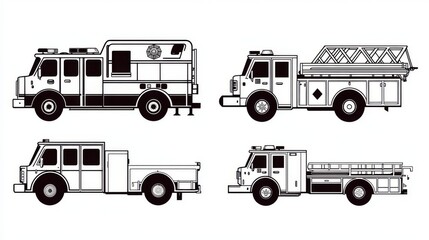 stark black-and-white flashcards showcase essential vehicles ambulance siren wails silently, fire engine's ladder reaches skyward clean outlines invite coloration, merging early childhood learning