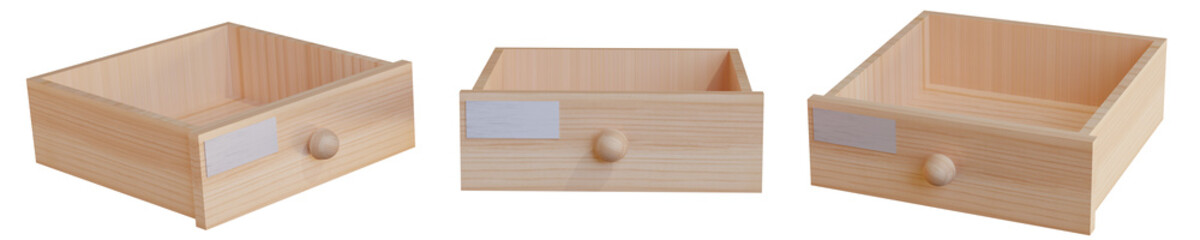 Wooden pull-out shelf for filing files from three angles. Realistic 3D render without background.