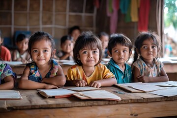 Asian children study together in class, emphasizing the right to education
