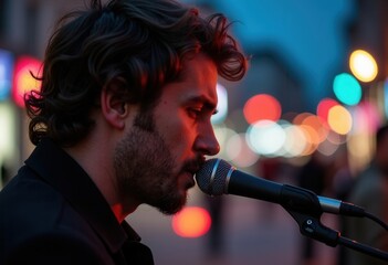 A talented man sings into a microphone as vibrant city lights illuminate the night.