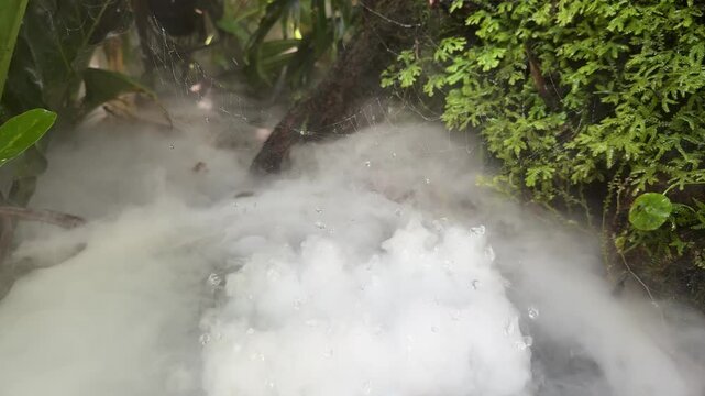 humidifier machine spraying water vapor fog mist on surface of pond in garden