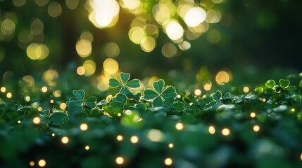Obraz premium Green background with clover leaves and bokeh lights for St. Patrick's Day, copy space included