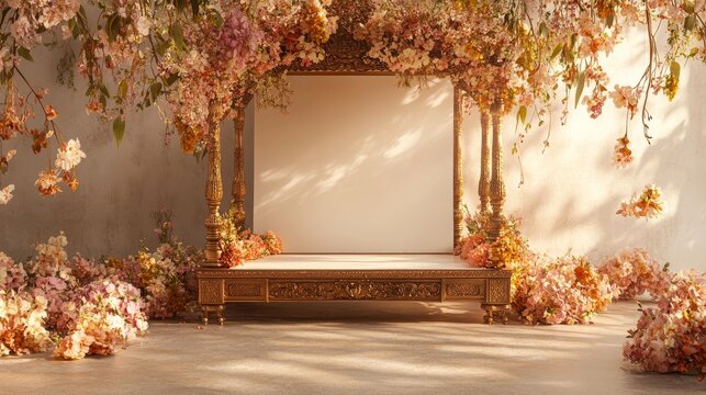An empty scene featuring blank mockup template with a golden palki sahib (palanquin) adorned with floral decorations,