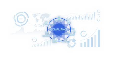 Compliance theme with governance, laws, and transparency icons on a white background. Clean design with business charts and data elements. 3D Rendering.