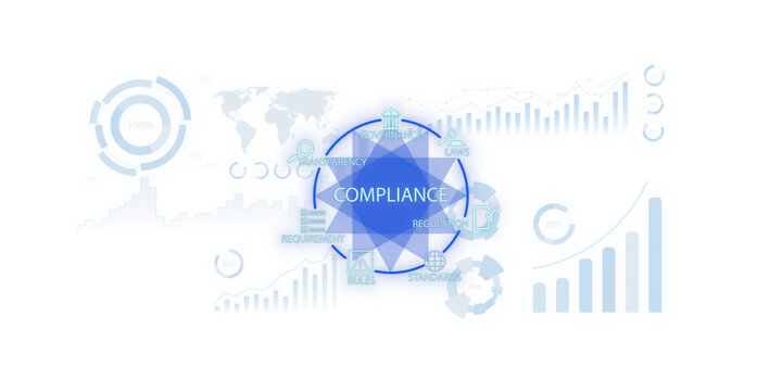 Compliance theme with governance, laws, and transparency icons on a white background. Clean design with business charts and data elements. 3D Rendering.