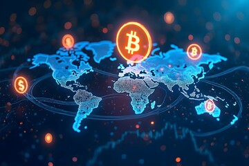 Bitcoin, world map, forex cryptocurrency, forex stocks blockchain, investing background
