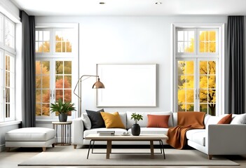 A modern living room with a large gray sectional sofa, a wooden coffee table, and framed artwork on the wall.