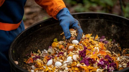 Close-up of female gardener in gloves, recording organic waste while filling garden bin with compost materials