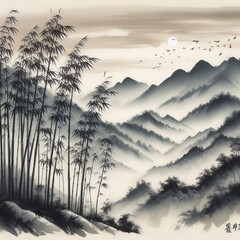 Ink wash painting of bamboo and mountains