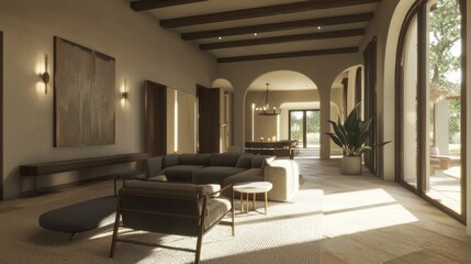 Fototapeta premium Elegant Fusion: Modern Spanish Chic Living Room with Striking Art Piece and Traditional Flair, Ultra-Detailed Design