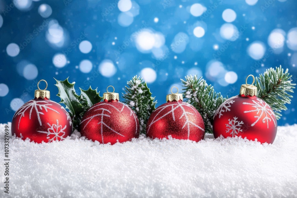 Poster three red christmas ornaments nestled in snow with a blue bokeh background capturing a joyful and cl