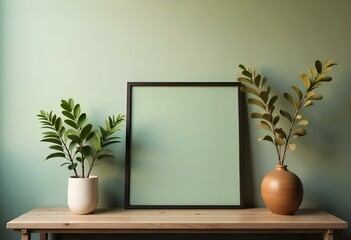 A wooden shelf with a blank green-colored frame, two potted plants with green leaves, and a wooden vase on a light-colored wall background.