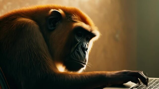 A curious monkey using a laptop at night, symbolizing a mix of curiosity and intelligence. Set against a moody, dark background, creating a thoughtful atmosphere.
