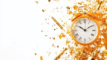 New Year celebration flat lay with clock, golden party poppers, and confetti, isolated on white