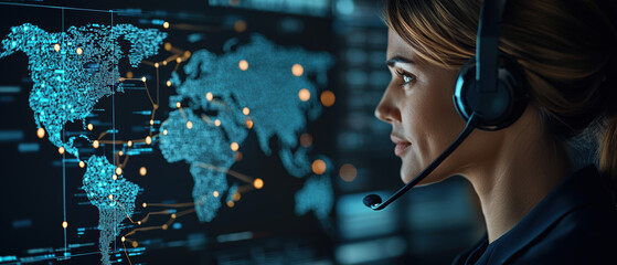 A focused woman with a headset monitors a digital world map, symbolizing global connectivity and advanced technology in communication.