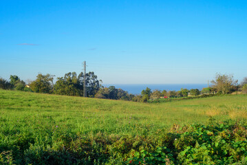 Horizonte marino frente a pradera verde en Asturias
