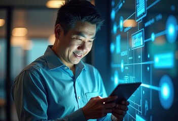 A young professional focused on analyzing data on a digital tablet, illuminated by blue light from a nearby screen. The setting is a contemporary office environment, showcasing technology and engageme