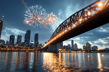 Fototapeta premium Celebrate independence day with spectacular fireworks over the city bridge