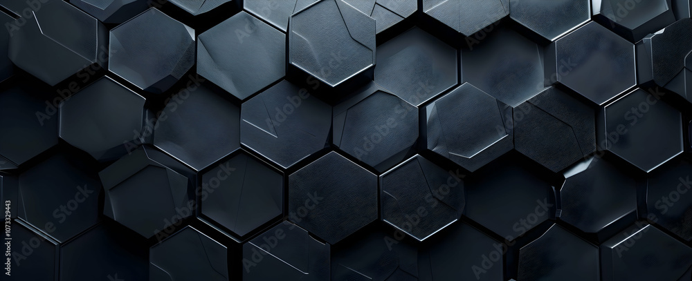 Poster 3d render of a dark black abstract background with a hexagonal pattern texture
