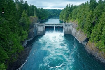 Obraz premium A hydroelectric dam generating clean energy, with a river flowing through the dam and surrounding forests, symbolizing nature and technology working together