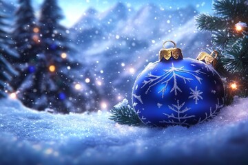 Sparkling blue Christmas ornament on a snowy ground with gentle bokeh lights evoking winter wonderland charm and holiday joy in a serene nighttime setting