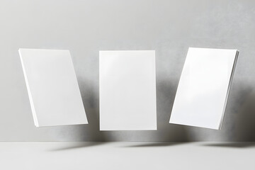 Naklejka premium Three blank sheets of paper hovering against a minimalist gray background in a creative display of floating stationery at dusk