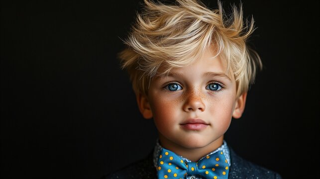 Serious young blond boy with spiky hair dressed in a humorous blue bowtie adorned with yellow dots against a black background with copy space