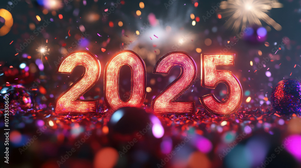 Aufkleber vibrant 3d new year scene with metallic numbers and colorful confetti creating a festive atmosphere 