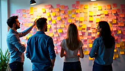 Team brainstorming session with diverse individuals analyzing colorful sticky notes on a wall in a contemporary workspace.