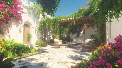 Fototapeta premium Serene Oasis: Vibrant Spanish Courtyard with Contemporary Outdoor Furniture, Colorful Flowers, and Greenery for Relaxation