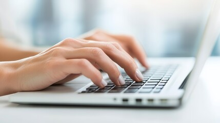 Close-up of hands typing on a laptop keyboard, indicating work or communication.