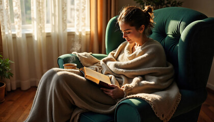 Obraz premium Young woman enjoying a peaceful afternoon wrapped in a blanket, immersed in a book while seated in a comfy armchair by the window.