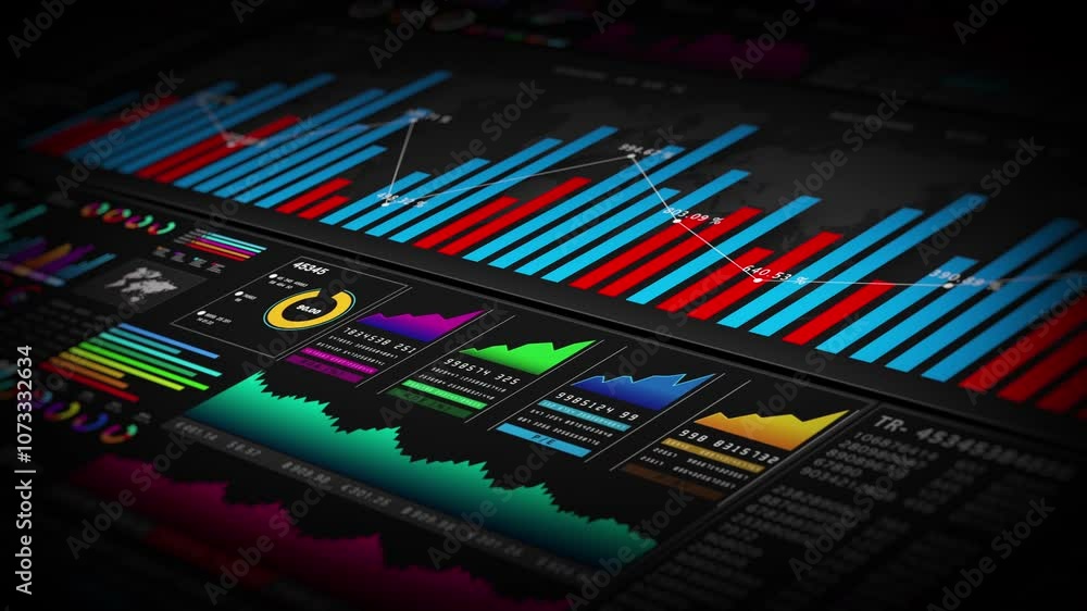 Poster a dynamic data analytics dashboard with colorful bar charts, line graphs, and metrics. perfect for b