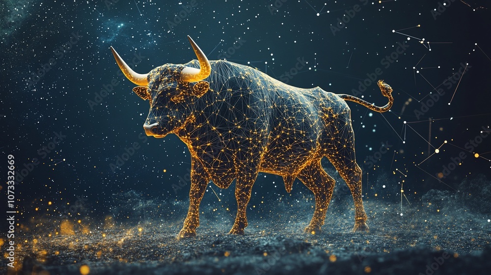 Poster a polygonal bull stands in a field of light with a starry sky in the background.