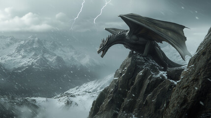 A stormy mountain pass where a fierce wyvern guards its territory