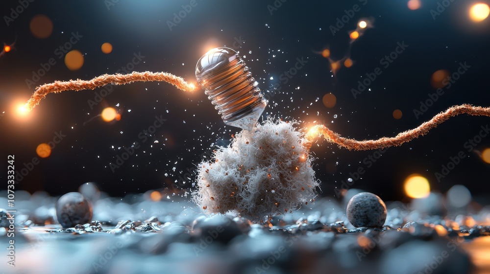 Poster spark of innovation: a close-up of a light bulb with electric sparks and fiber optic elements creati