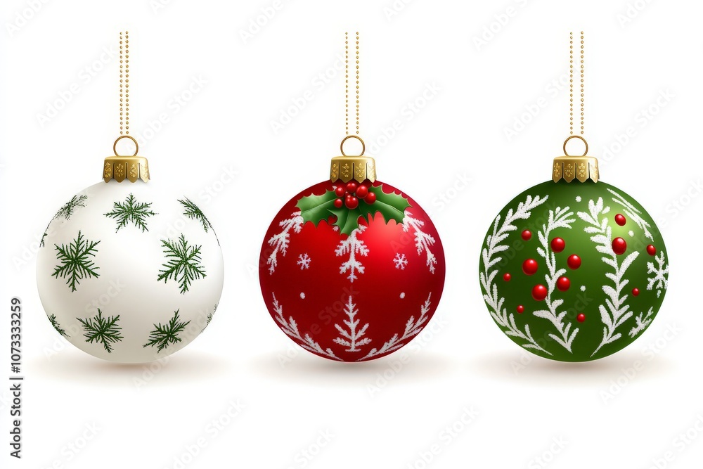 Poster trio of holiday ornaments in red green and white with botanical snowflake patterns adding a festive 