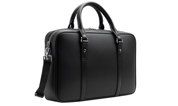 Black leather briefcase isolated on transparent background