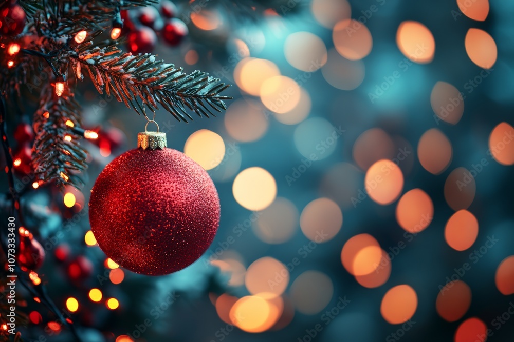 Poster single red christmas ornament on a pine tree branch with warm bokeh lights creating a cozy and intim