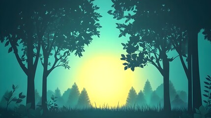 Fototapeta premium Silhouette Trees with Sunrise in Foggy Forest