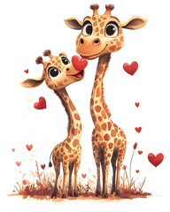 Obraz premium Cute Giraffe Mom and Baby with Hearts Animal Illustration