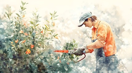 Gardener Pruning Flowers with Shears Watercolor Painting